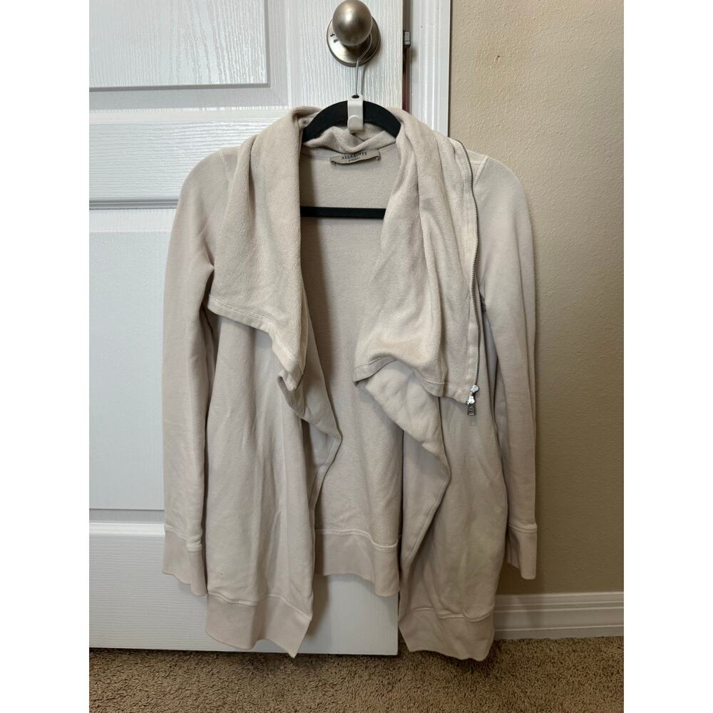 ALLSAINTS Beige Drape Front Cardigan with Collar Zipper